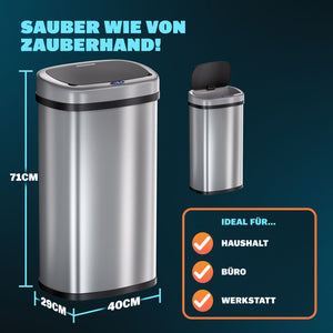 Abfalleimer XL mit Hand-Bewegungssensor, 58 Liter. Edelstahl, Weiß oder Schwarz.