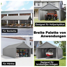Laden Sie das Bild in den Galerie-Viewer, Autozelt Garagenzelt mit Seitenwänden und Rolltor. UV-Schutz. Verschiedene Größen. Weiß oder Grau.
