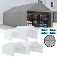 Laden Sie das Bild in den Galerie-Viewer, Autozelt Garagenzelt mit Seitenwänden und Rolltor. UV-Schutz. Verschiedene Größen. Weiß oder Grau.