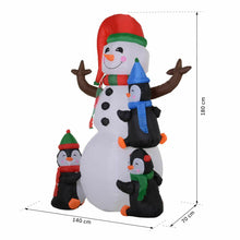 Laden Sie das Bild in den Galerie-Viewer, Aufblasbarer Schneemann mit 3 Pinguinen, 180 cm mit LED-Beleuchtung. Weihnachten Deko Luftfigur