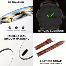 Laden Sie das Bild in den Galerie-Viewer, Herren-Armbanduhr extra flaches goldfarbenes Gehäuse mit braunem Leder-Armband.