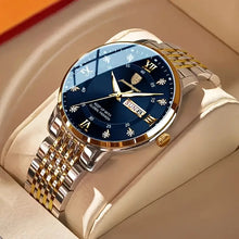 Laden Sie das Bild in den Galerie-Viewer, Herrenuhr Armbanduhr Stahl-Gold. Elegantes Design mit dunkelblauem Ziffernblatt