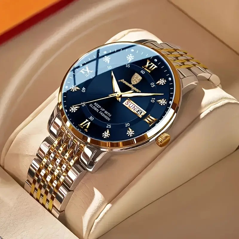 Herrenuhr Armbanduhr Stahl-Gold. Elegantes Design mit dunkelblauem Ziffernblatt