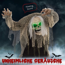 Laden Sie das Bild in den Galerie-Viewer, Animierte Halloween-Dekoration – Buckliger Skelettgeist mit Sound &amp; LED, 160 cm