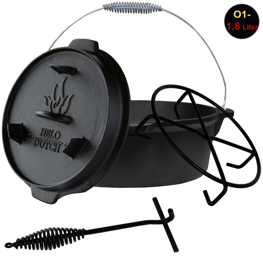 Dutch Oven Set – Gusseiserner Feuertopf mit Deckelheber. Verschiedene Größen.