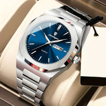 Laden Sie das Bild in den Galerie-Viewer, Elegante Herren-Armbanduhr, Stahlband mit blauem Ziffernblat.  Mit präzisem Quarzwerk
