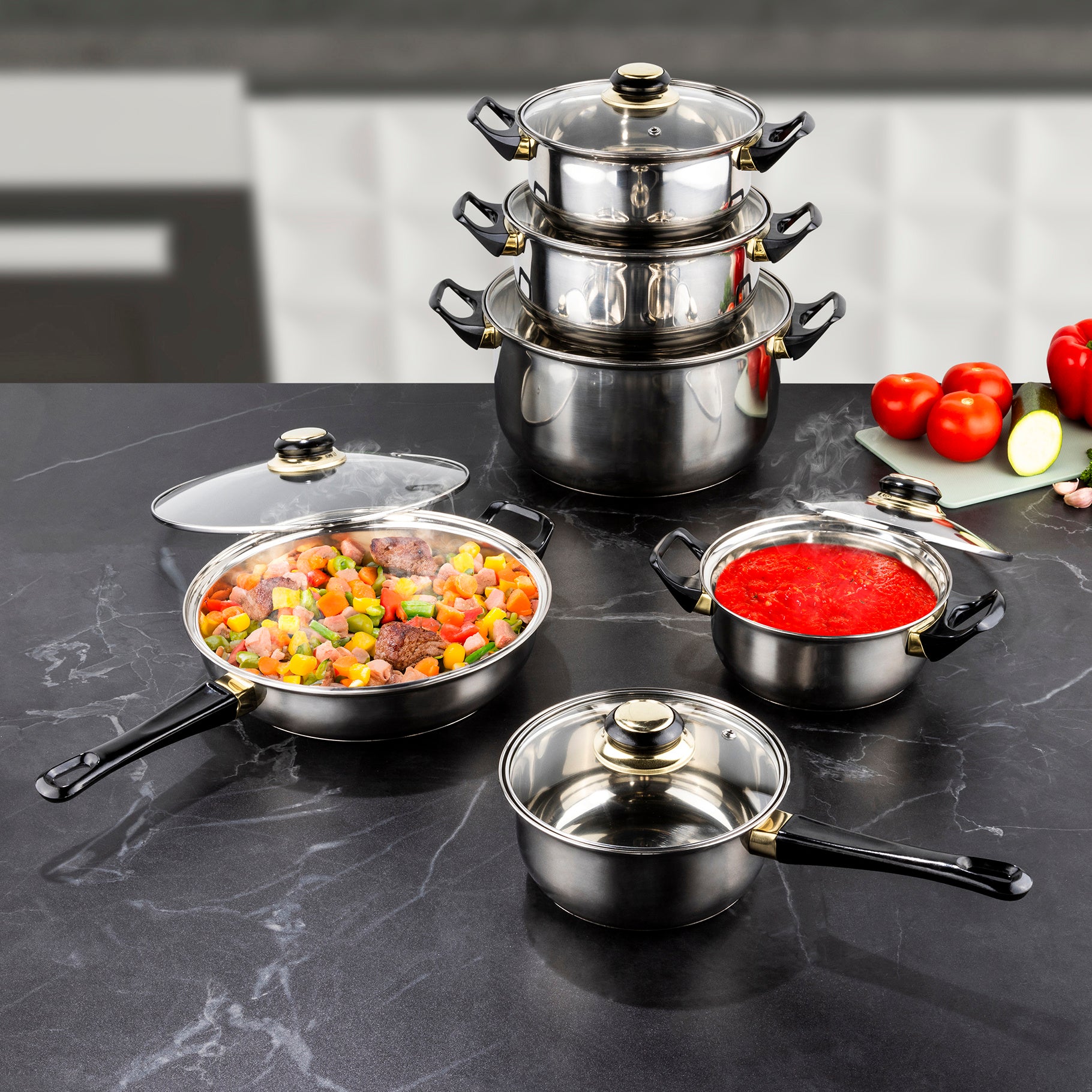 12-teiliges Kochtopf-Set aus Edelstahl mit Glasdeckeln – Premium Box GmbH
