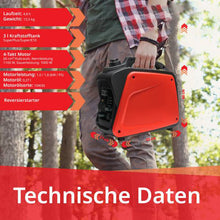 Laden Sie das Bild in den Galerie-Viewer, Inverter Stromerzeuger 1100 Watt. (1000 Watt Dauerleistung.) 14,5 kg. Motorleistung 1,8 PS.