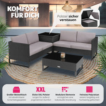 Laden Sie das Bild in den Galerie-Viewer, Polyrattan Lounge 4er Sitzgruppe, Gartenmöbel Set mit Sofa Tisch und Aufbewahrungsbox.