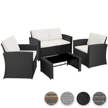 Laden Sie das Bild in den Galerie-Viewer, Polyrattan Sitzgruppe für 4 Personen, Gartenmöbel Set mit Sofa, Sessel und Tisch, inkl. Sitz- und Rückenkissen, für Garten, Terrasse und Balkon.