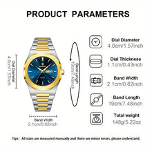Laden Sie das Bild in den Galerie-Viewer, Stahl-Gold Elegante Herren-Armbanduhr, Stahlband mit blauem Ziffernblatt. 42mm Durchmesser