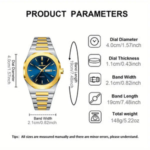 Stahl-Gold Elegante Herren-Armbanduhr, Stahlband mit blauem Ziffernblatt. 42mm Durchmesser