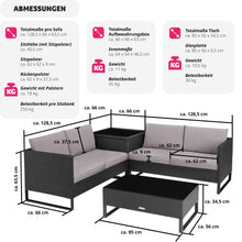 Laden Sie das Bild in den Galerie-Viewer, Polyrattan Lounge 4er Sitzgruppe, Gartenmöbel Set mit Sofa Tisch und Aufbewahrungsbox.