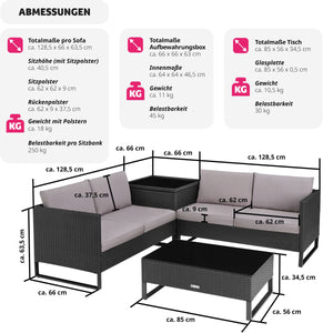 Polyrattan Lounge 4er Sitzgruppe, Gartenmöbel Set mit Sofa Tisch und Aufbewahrungsbox.