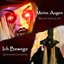 Laden Sie das Bild in den Galerie-Viewer, Animierte Halloween-Dekoration – Hexe mit Skull, LED-Augen, Sound &amp; Bewegung, 170 cm