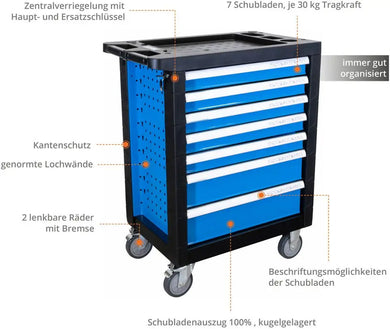 Werkzeugwagen, 7 Schubladen mit 250 Teilen Inhalt komplett. 499,- netto