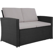 Laden Sie das Bild in den Galerie-Viewer, Polyrattan Sitzgruppe für 4 Personen, Gartenmöbel Set mit Sofa, Sessel und Tisch, inkl. Sitz- und Rückenkissen, für Garten, Terrasse und Balkon.