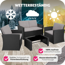 Laden Sie das Bild in den Galerie-Viewer, Polyrattan Sitzgruppe für 4 Personen, Gartenmöbel Set mit Sofa, Sessel und Tisch, inkl. Sitz- und Rückenkissen, für Garten, Terrasse und Balkon.