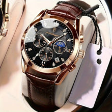 Laden Sie das Bild in den Galerie-Viewer, Herren-Armbanduhr goldfarbenes Gehäuse mit braunem Echtleder-Armband.