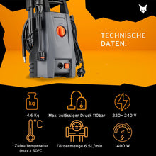 Laden Sie das Bild in den Galerie-Viewer, Hochdruckreiniger 110 BAR Arbeitsdruck, Fördermenge 390 l/h,1400 Watt Leistung, 5 m Hochdruckschlauch und -Pistole, 4.9 kg, inkl. Zubehör