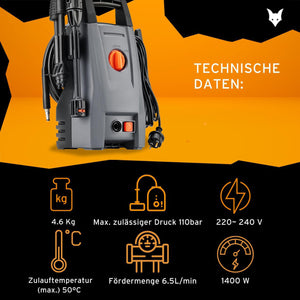 Hochdruckreiniger 110 BAR Arbeitsdruck, Fördermenge 390 l/h,1400 Watt Leistung, 5 m Hochdruckschlauch und -Pistole, 4.9 kg, inkl. Zubehör