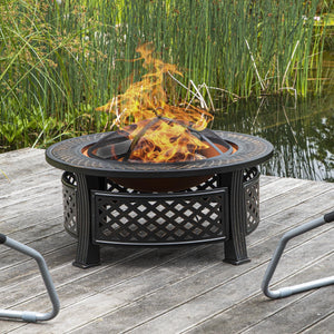 Feuerstelle rund mit Gitterdeckel mit Funkenschutz, Grillplatte & Schürhaken, 81cm Feuerschale