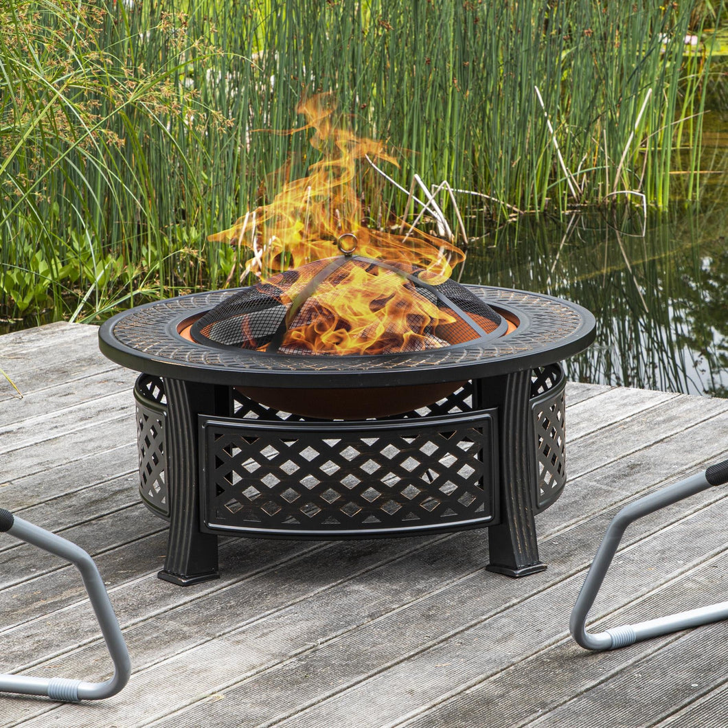 Feuerstelle rund mit Gitterdeckel mit Funkenschutz, Grillplatte & Schürhaken, 81cm Feuerschale