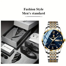 Laden Sie das Bild in den Galerie-Viewer, Herrenuhr Armbanduhr Stahl-Gold. Elegantes Design mit dunkelblauem Ziffernblatt