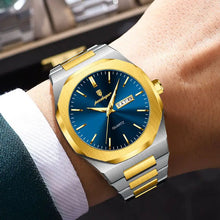 Laden Sie das Bild in den Galerie-Viewer, Stahl-Gold Elegante Herren-Armbanduhr, Stahlband mit blauem Ziffernblatt. 42mm Durchmesser