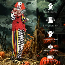 Laden Sie das Bild in den Galerie-Viewer, Animierte Halloween-Dekoration – Riesen-Clown mit Hammer, LED-Augen &amp; Sound, 173 cm