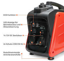 Laden Sie das Bild in den Galerie-Viewer, Inverter Stromerzeuger 2200 Watt. (2000 Watt Dauerleistung.) 18 kg. Motorleistung 3,4 PS.