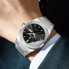 Laden Sie das Bild in den Galerie-Viewer, Elegante Herren-Armbanduhr, Stahlband mit schwarzem Ziffernblat.  Mit präzisem Quarzwerk