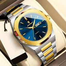 Laden Sie das Bild in den Galerie-Viewer, Stahl-Gold Elegante Herren-Armbanduhr, Stahlband mit blauem Ziffernblatt. 42mm Durchmesser