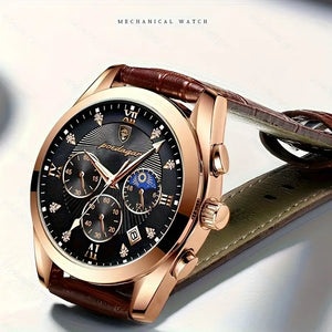 Herren-Armbanduhr goldfarbenes Gehäuse mit braunem Echtleder-Armband.