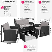 Laden Sie das Bild in den Galerie-Viewer, Polyrattan Sitzgruppe für 4 Personen, Gartenmöbel Set mit Sofa, Sessel und Tisch, inkl. Sitz- und Rückenkissen, für Garten, Terrasse und Balkon.