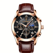 Laden Sie das Bild in den Galerie-Viewer, Herren-Armbanduhr goldfarbenes Gehäuse mit braunem Echtleder-Armband.