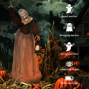 Lebensgroße animierte Halloween-Dekoration – Hexe mit Laterne, Sound & LED, 150cm