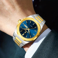 Laden Sie das Bild in den Galerie-Viewer, Stahl-Gold Elegante Herren-Armbanduhr, Stahlband mit blauem Ziffernblatt. 42mm Durchmesser