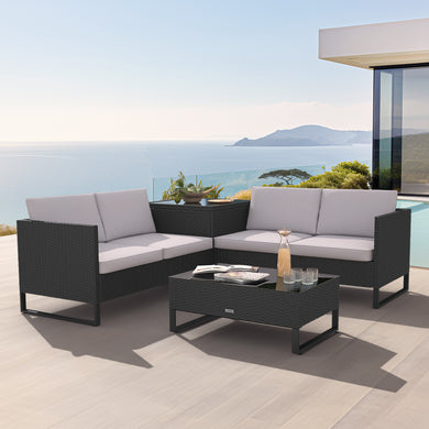 Polyrattan Lounge 4er Sitzgruppe, Gartenmöbel Set mit Sofa Tisch und Aufbewahrungsbox.