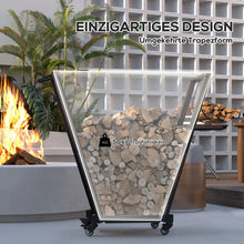 Laden Sie das Bild in den Galerie-Viewer, Kaminholzständer Feuerholzgestell, trapezförmiges Design, pulverbeschichteter Metall, mobil mit Rollen, 79 x 30 x 81 cm, Schwarz