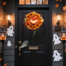 Laden Sie das Bild in den Galerie-Viewer, Halloween-Kranz mit Kürbisgesicht &amp; 44 LED-Lichtern – Flackernder Grusel für Tür, Fenster &amp; Kamin, 44 cm