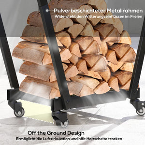 Kaminholzständer Feuerholzgestell, trapezförmiges Design, pulverbeschichteter Metall, mobil mit Rollen, 79 x 30 x 81 cm, Schwarz