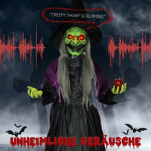 Laden Sie das Bild in den Galerie-Viewer, Lebensgroße Halloween-Hexe mit Giftapfel, Soundfunktion, mit Bewegungssensor und LED-Lichtern, 180 cm