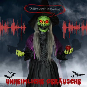 Lebensgroße Halloween-Hexe mit Giftapfel, Soundfunktion, mit Bewegungssensor und LED-Lichtern, 180 cm