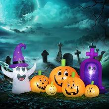 Laden Sie das Bild in den Galerie-Viewer, Halloween-Gartendeko Kürbisfamilie mit Geist und Grabstein, Gebläse wetterfest 240 x 130x 130 cm