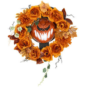 Halloween-Kranz mit Kürbisgesicht & 44 LED-Lichtern – Flackernder Grusel für Tür, Fenster & Kamin, 44 cm