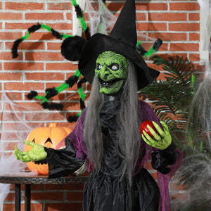 Lebensgroße Halloween-Hexe mit Giftapfel, Soundfunktion, mit Bewegungssensor und LED-Lichtern, 180 cm