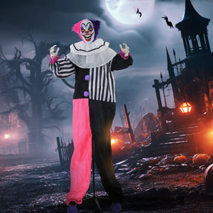 Halloween Dekoration Stehender Clown 173cm mit LED-Lichter Soundeffekt, pink und lila
