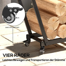 Laden Sie das Bild in den Galerie-Viewer, Kaminholzständer Feuerholzgestell, trapezförmiges Design, pulverbeschichteter Metall, mobil mit Rollen, 79 x 30 x 81 cm, Schwarz