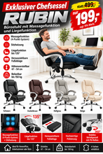 Laden Sie das Bild in den Galerie-Viewer, Massagesessel als Leder-Chefsessel RUBIN mit Liegefunktion. Bis 150 kg.